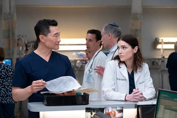 Daniel Dae Kim stars as Dr. Cassian Shin and Janet Montgomery stars as Dr. Lauren Bloom in New Amsterdam, courtesy of NBC. Daniel Dae Kim stars as Dr. Cassian Shin and Janet Montgomery stars as Dr. Lauren Bloom in New Amsterdam, courtesy of NBC.