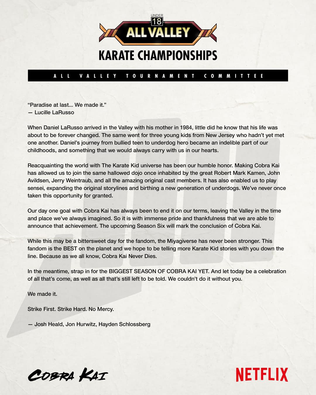 Cobra Kai Ending With Season 6 Show Creators Pen Letter To Fans