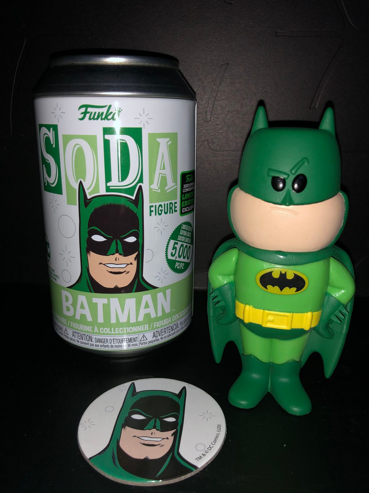 Funko Soda Vinyl Figure Emerald City Comic Con Exclusive Green Batman Figure, view of figure and can.