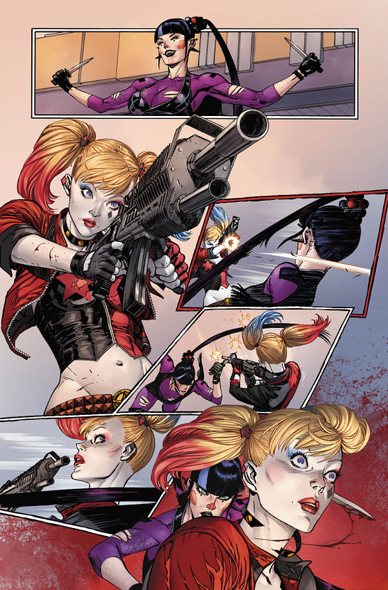 Batman #93 interior page. Harley Quinn vs Punchline. Story by James Tynion IV, art by Guillem March, from DC Comics.