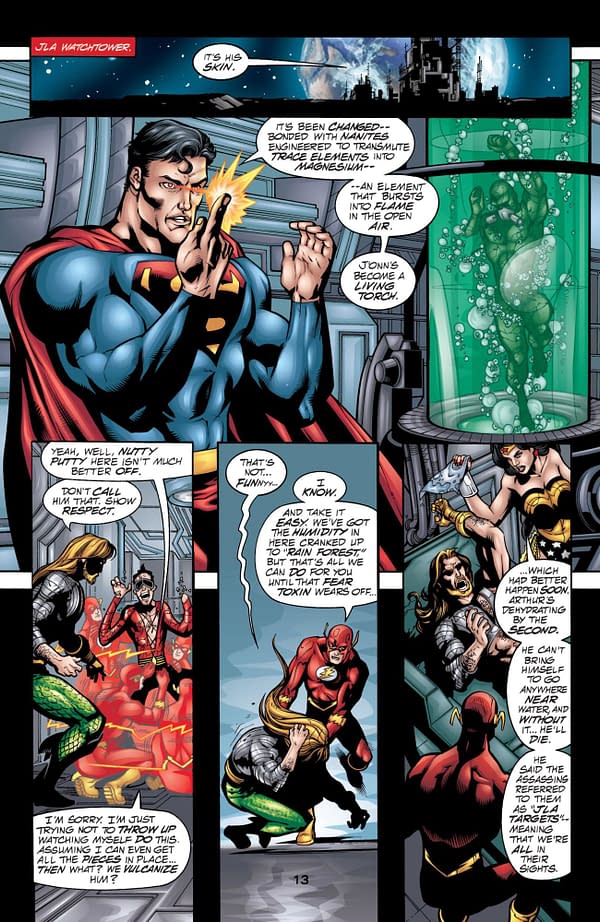 A preview page from JLA: Tower of Babel by Grant Morrison, Mark Waid, Howard Porter, and Mark Pajarillo.