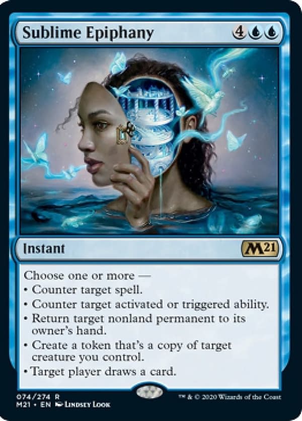 Sublime Epiphany, a new card from Core 2021, an upcoming expansion set for Magic: The Gathering. Sublime Epiphany, a new card from Core 2021, an upcoming expansion set for Magic: The Gathering.