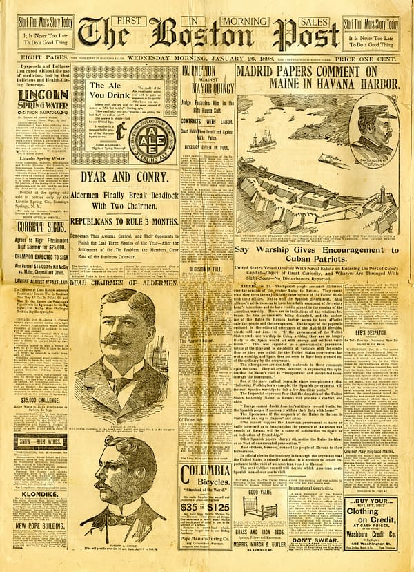 The Boston Post of January 26, 1898. The US Warship U.S.S. Maine enters Havana Harbor.