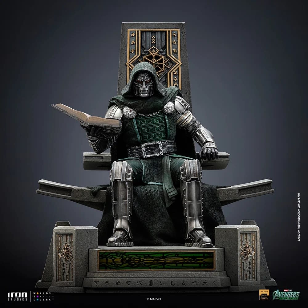 Doctor Doom Sits Upon His Throne with New Avengers: Doomsday Statue