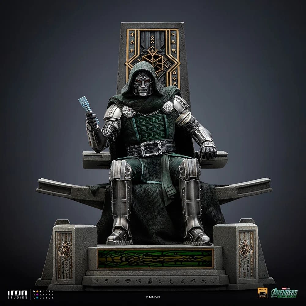 Doctor Doom Sits Upon His Throne with New Avengers: Doomsday Statue