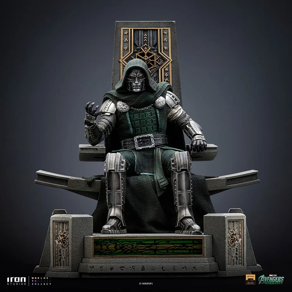 Doctor Doom Sits Upon His Throne with New Avengers: Doomsday Statue