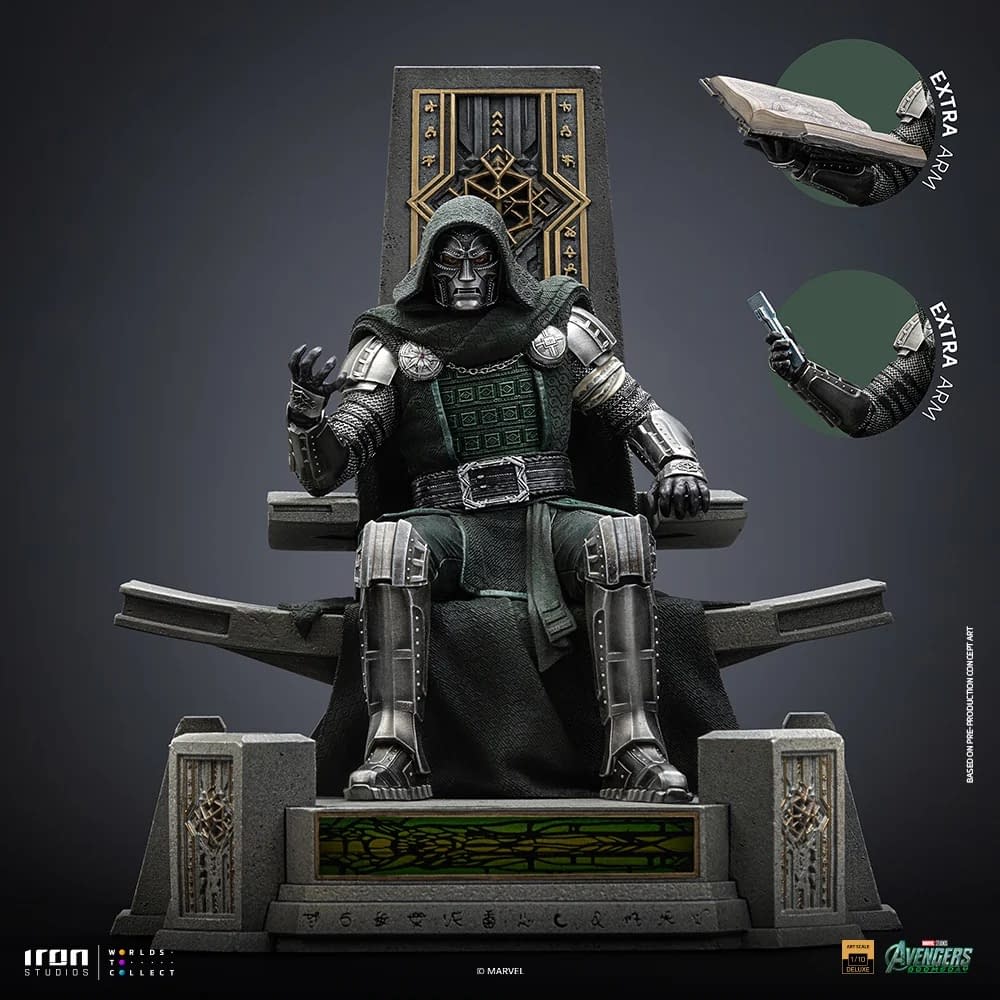 Doctor Doom Sits Upon His Throne with New Avengers: Doomsday Statue