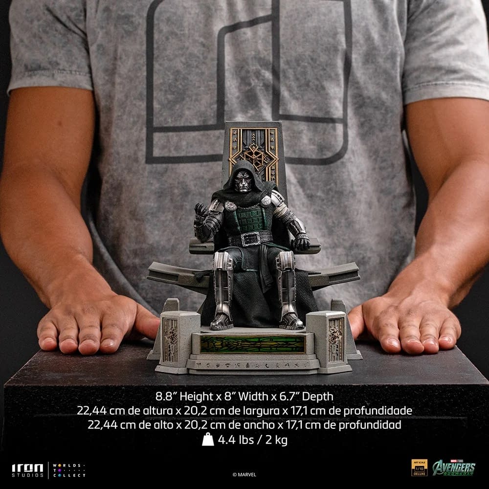 Doctor Doom Sits Upon His Throne with New Avengers: Doomsday Statue