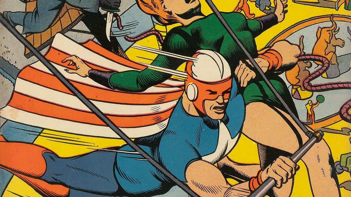 A colorful illustration from a comic book featuring two superheroes in dynamic action poses, with one character wearing a striped cape and the other in a green suit. The background is vibrant and filled with various comic-style elements, adding to the sense of adventure.