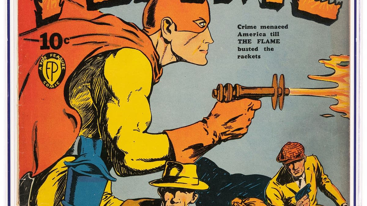 The Flame #1 (Fox, 1940). A vintage comic book cover titled 'The Flame #1,' featuring a muscular superhero in a red cape and mask, holding a weapon. The background depicts a dramatic scene with characters in 1940s attire, suggesting themes of crime and adventure.
