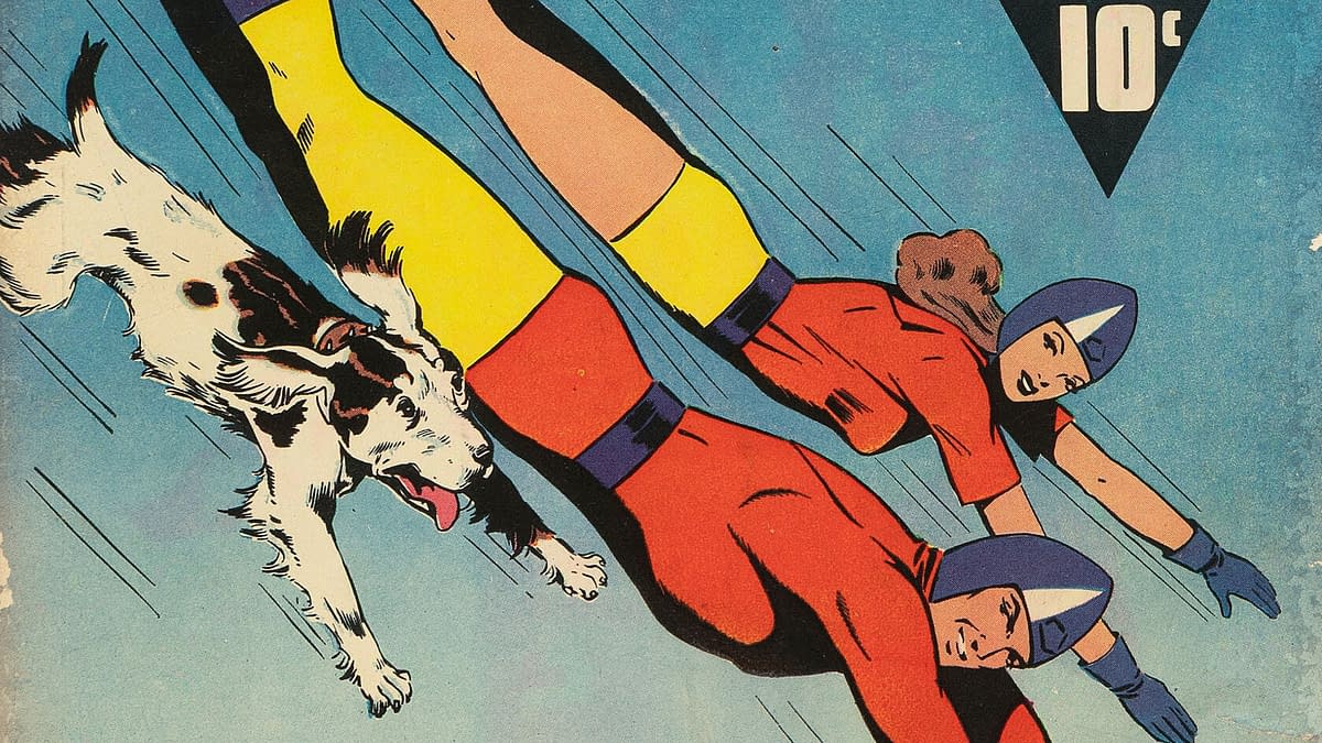 Bulletman #10 (Fawcett Publications, 1942) featuring Bulletdog. A vintage comic book cover featuring Bulletman, a superhero in a red costume with yellow accents, soaring alongside a dog, while a female character in a similar outfit flies beside him. The background is a light blue, highlighting their dynamic movement.