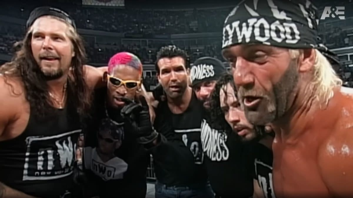 The NWO. LTR: Kevin Nash, Dennis Rodman, Scott Hall, Macho Man Randy Savage, Syxx, and Hollywood Hulk Hogan (Screencap: A&E Biography)