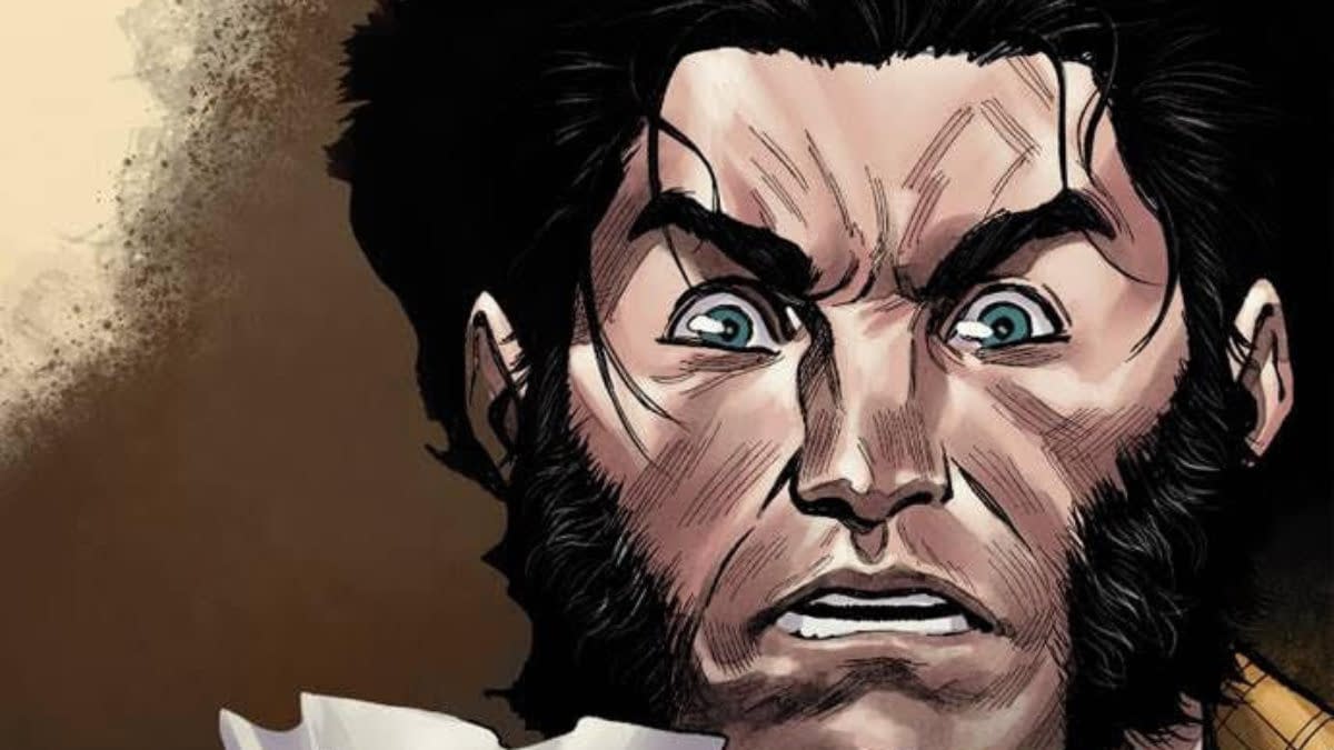 A close-up comic image of a shocked Wolverine holding a paper, with promotional text about a reveal in Wolverine #400.