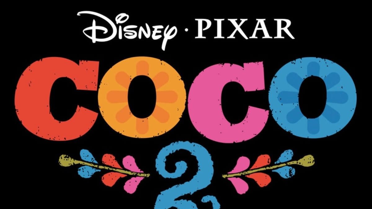A vibrant logo for "Coco 2," featuring bold, colorful letters against a black background, with floral designs and the Disney-Pixar logo above.