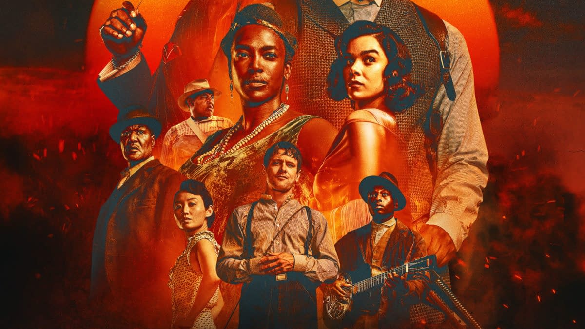 A movie poster for 'Sinners' featuring a diverse group of characters against a fiery orange background with a prominent sun. The title 'Sinners' is displayed in large, bold letters, and the tagline 'We Are All Sinners' is included, along with credits to director Ryan Coogler and a note that it is shown in cinemas.