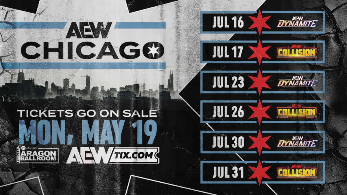 Promotional graphic for AEW's Chicago residency, featuring the Chicago skyline in the background and dates for events like AEW Dynamite and Collision.