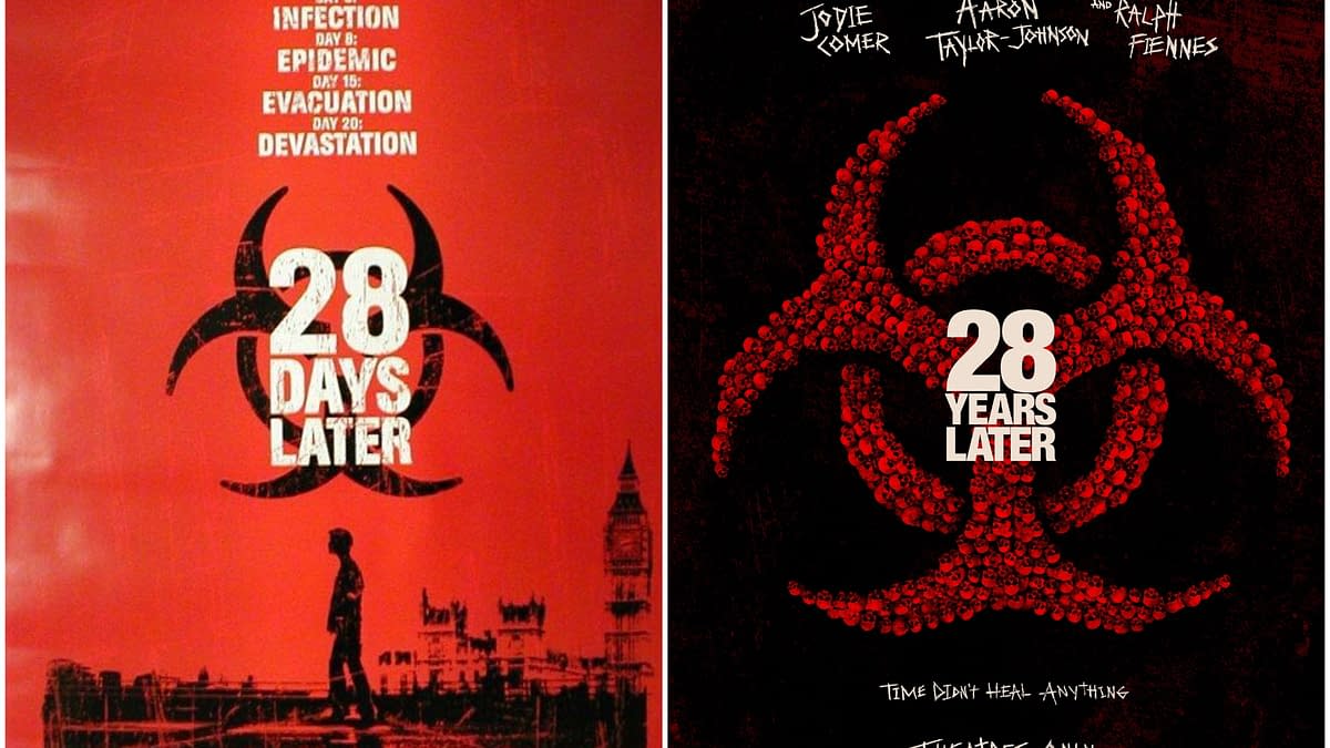 An illustration depicting two movie posters side-by-side for '28 Days Later' and '28 Years Later.' The left poster features a red background with bold text and a biohazard symbol, while the right poster showcases the same symbol made of skulls, emphasizing a horror theme. Both posters highlight the passage of time and the aftermath of a devastating epidemic.