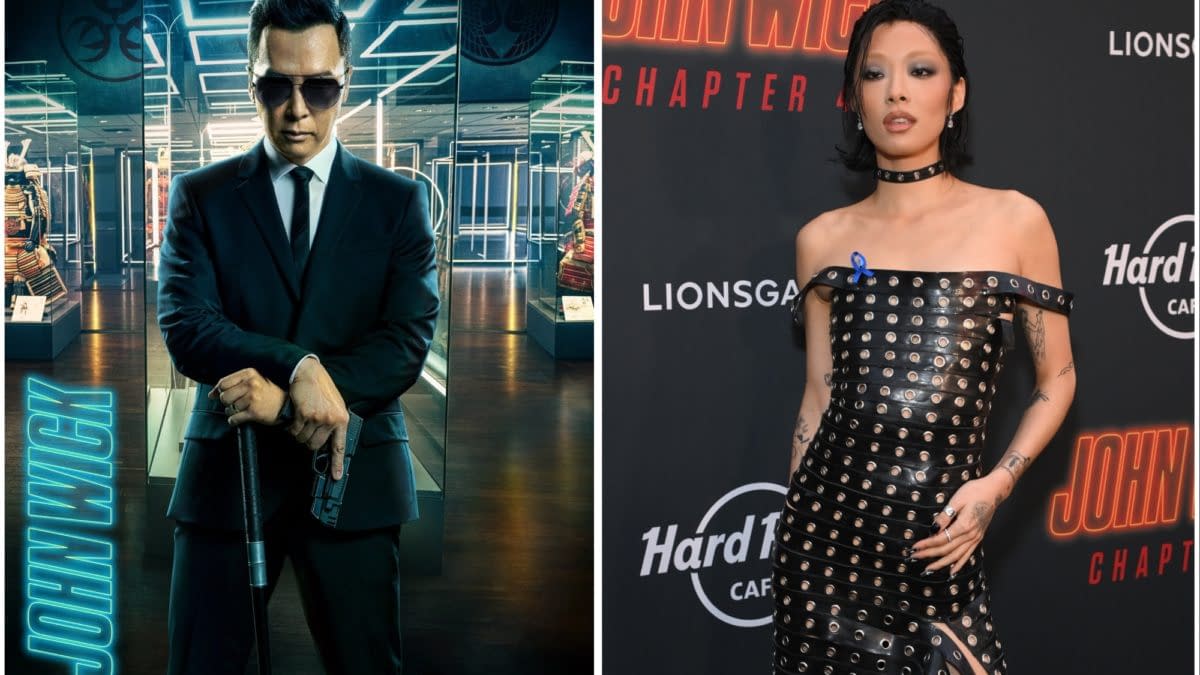 A promotional collage featuring two images side by side: on the left, a character from 'John Wick' in a suit holding a gun, and on the right, Rina Sawayama in a stylish, strapless black dress with silver studs, attending a premiere for 'John Wick: Chapter 4.'
