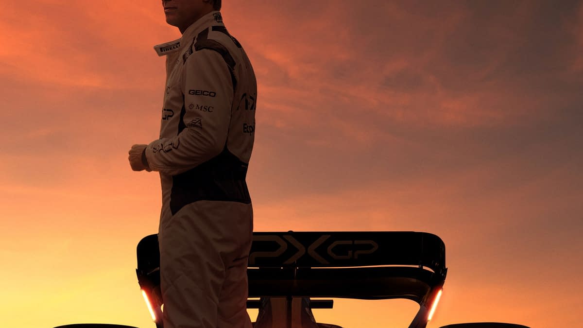 A dramatic movie poster for 'F1: The Movie' featuring a racecar driver in a racing suit against a stunning sunset background. The poster highlights the film’s release date and includes the names of notable cast members.