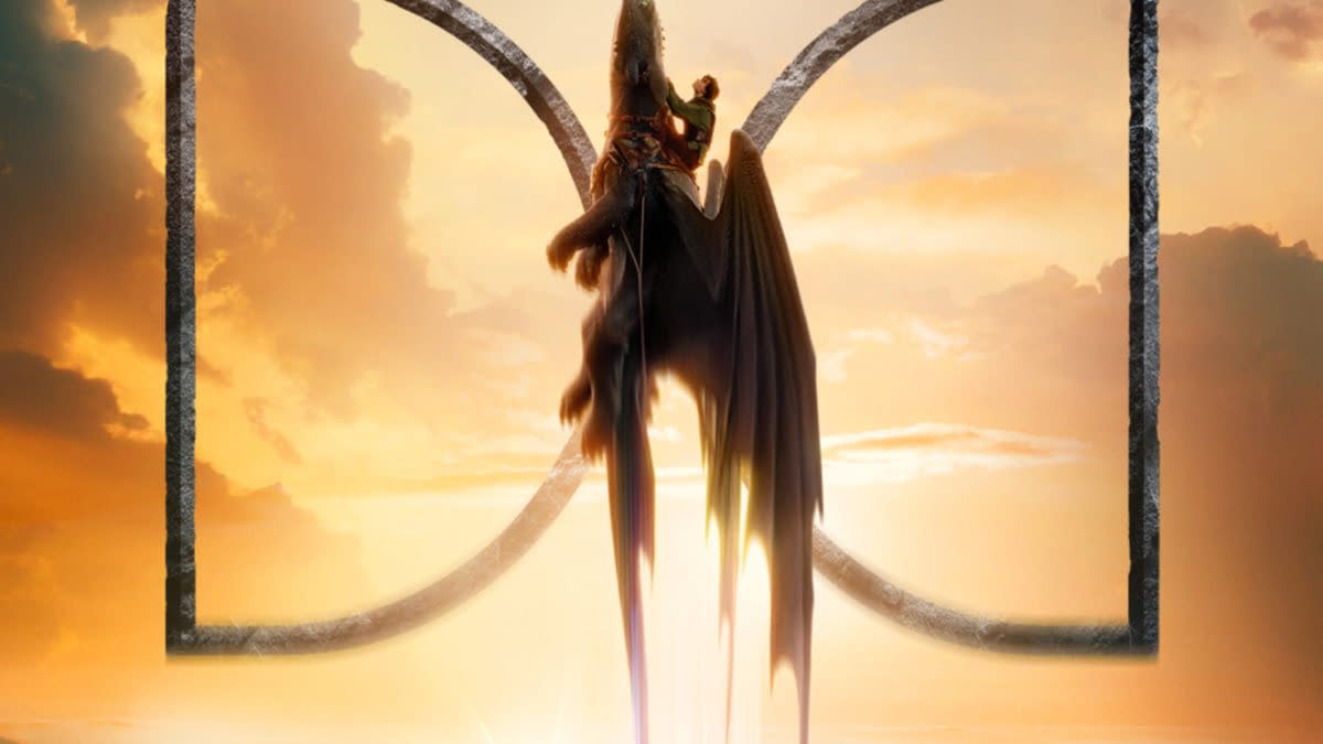 A promotional illustration for 'How to Train Your Dragon' featuring a dragon and its rider in a fantastical landscape, framed by the iconic Dolby Cinema logo and the film's title and release date at the bottom.