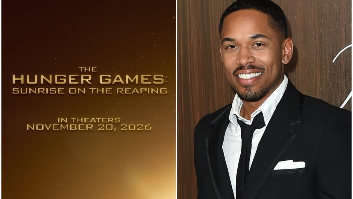 Kelvin Harrison Jr. smiles while wearing a black suit and white shirt, featured alongside promotional text for the movie 'The Hunger Games: Sunrise on the Reaping,' which is set to release in theaters on November 20, 2026.