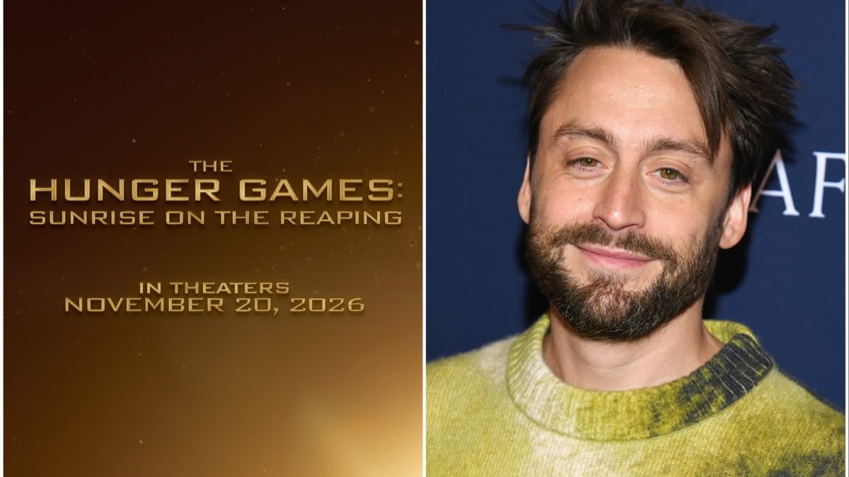 A promotional image for the film "The Hunger Games: Sunrise on the Reaping," featuring Kieran Culkin smiling in a colorful sweater against a dark blue background. The title and release date are displayed prominently.