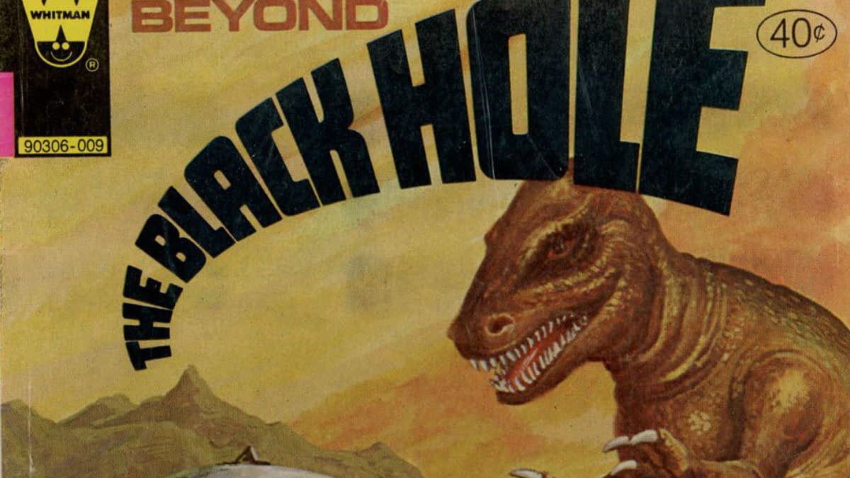 A vintage comic book cover featuring a large dinosaur alongside the title 'The Black Hole' in bold letters. The background has a gradient of warm colors, evoking a sci-fi theme.