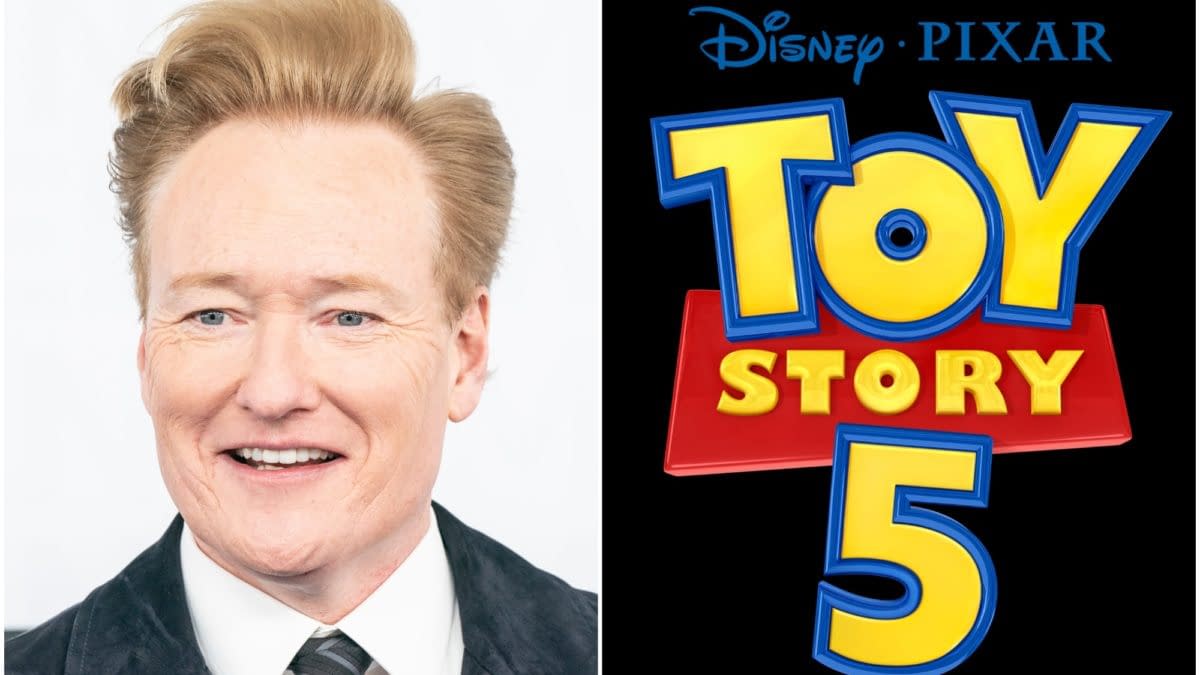 A cartoon logo for "Toy Story 5" featuring colorful, bold text that reads "Toy Story" with the number 5 below it. Next to the logo is a smiling man with light brown hair and a black jacket, representing a lively and cheerful atmosphere.