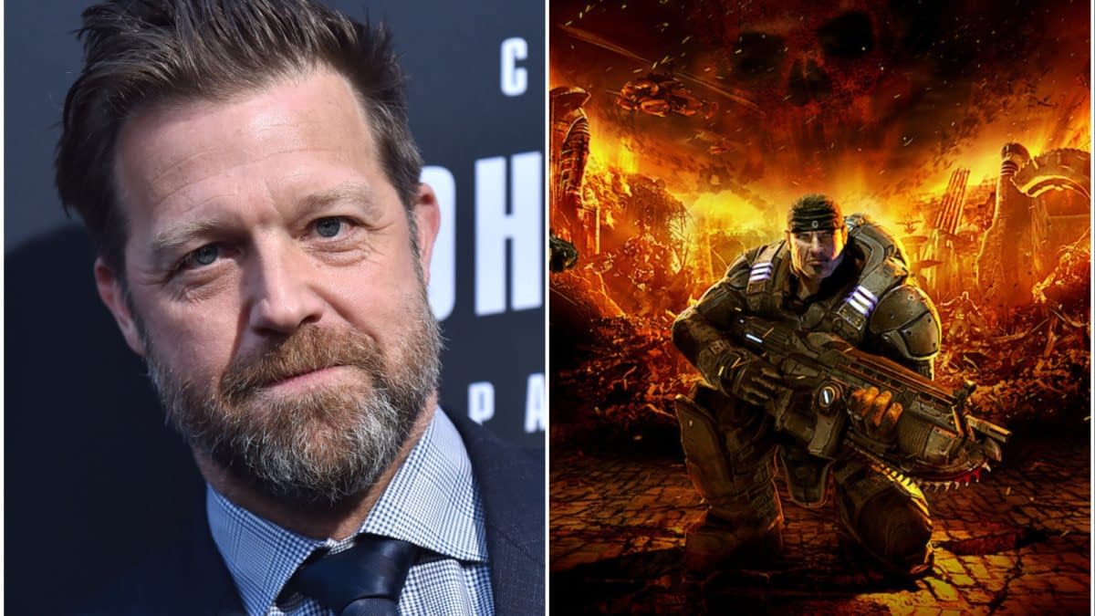 A split image featuring David Leitch on the left, a filmmaker with a beard and wearing a suit, and the right side depicting a character from 'Gears of War' wielding a large weapon against a fiery, apocalyptic background.