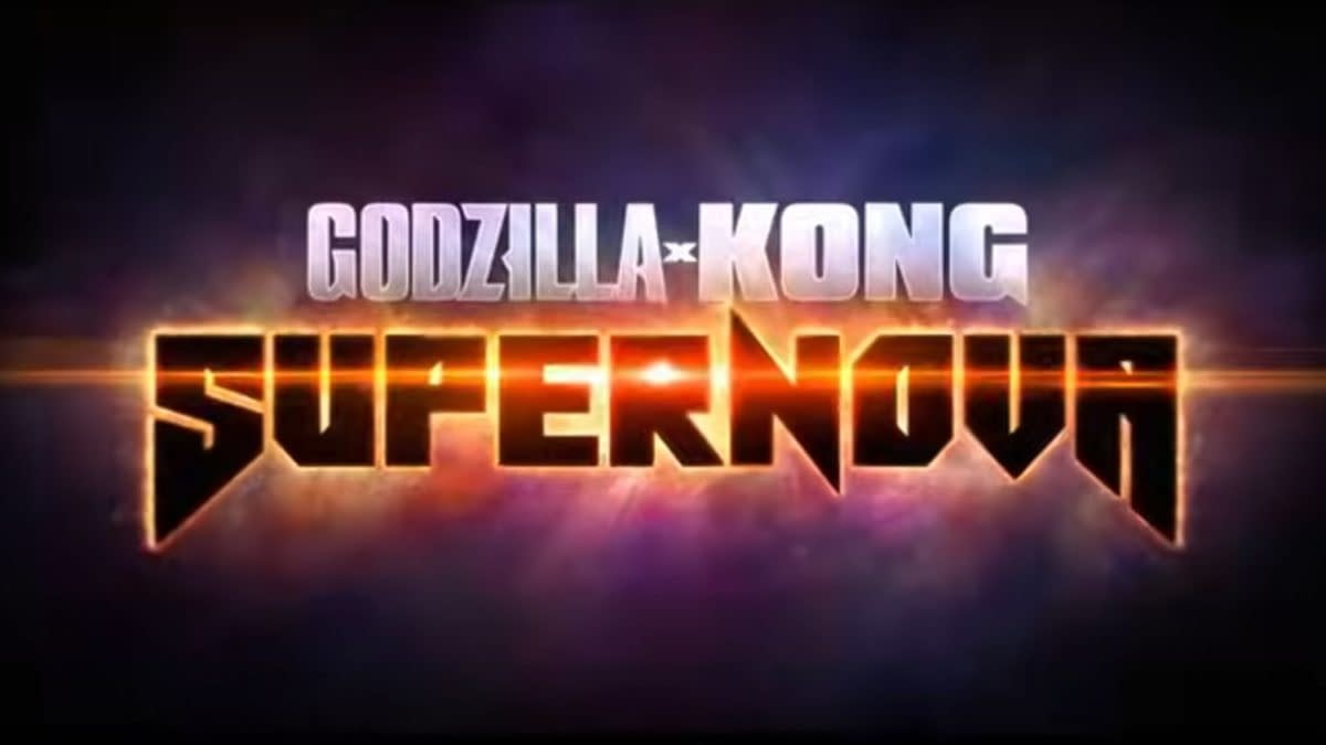 A stylized logo for 'Godzilla x Kong: Supernova,' featuring bold, dramatic typography with 'Godzilla' and 'Kong' above a large, fiery 'SUPER NOVA.' The background suggests a cosmic theme with vibrant colors and a celestial effect.
