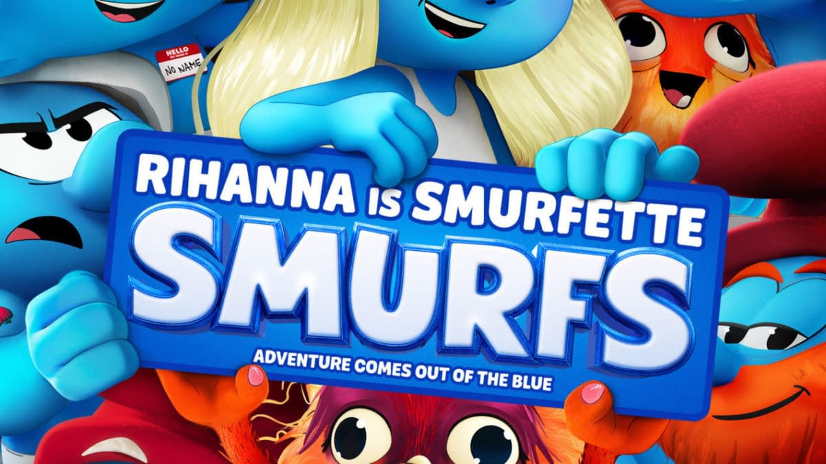 A colorful cartoon poster featuring various Smurfs, including Smurfette, highlighted by the text "Rihanna is Smurfette". The tagline "Adventure Comes Out of the Blue" is prominently displayed, along with a note stating the movie will be in theaters soon.