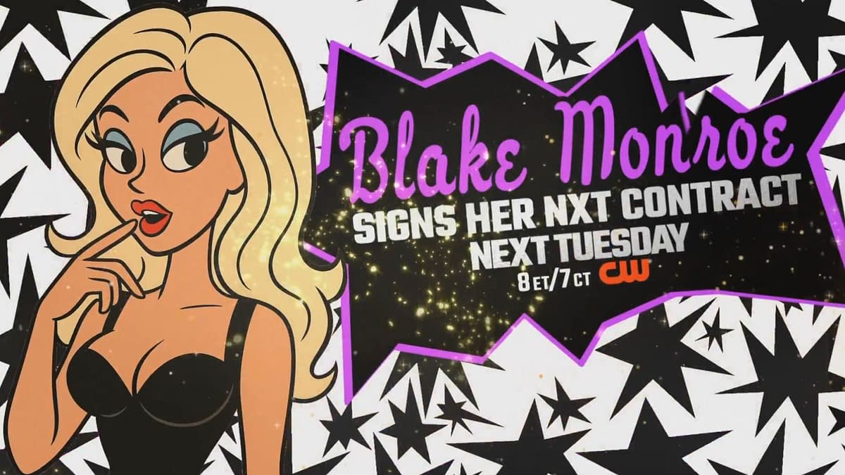 A cartoon-style illustration of a woman with blonde hair wearing a black top, showing excitement as she points to her lips. The background features a lively design with stars and bold text announcing her signing an NXT contract next Tuesday.