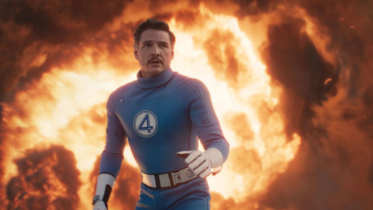 Illustration featuring Pedro Pascal as Reed Richards/Mister Fantastic, dressed in a blue suit with the number four emblem, amidst a fiery backdrop, representing his role in Marvel Studios' 'The Fantastic Four: First Steps'.