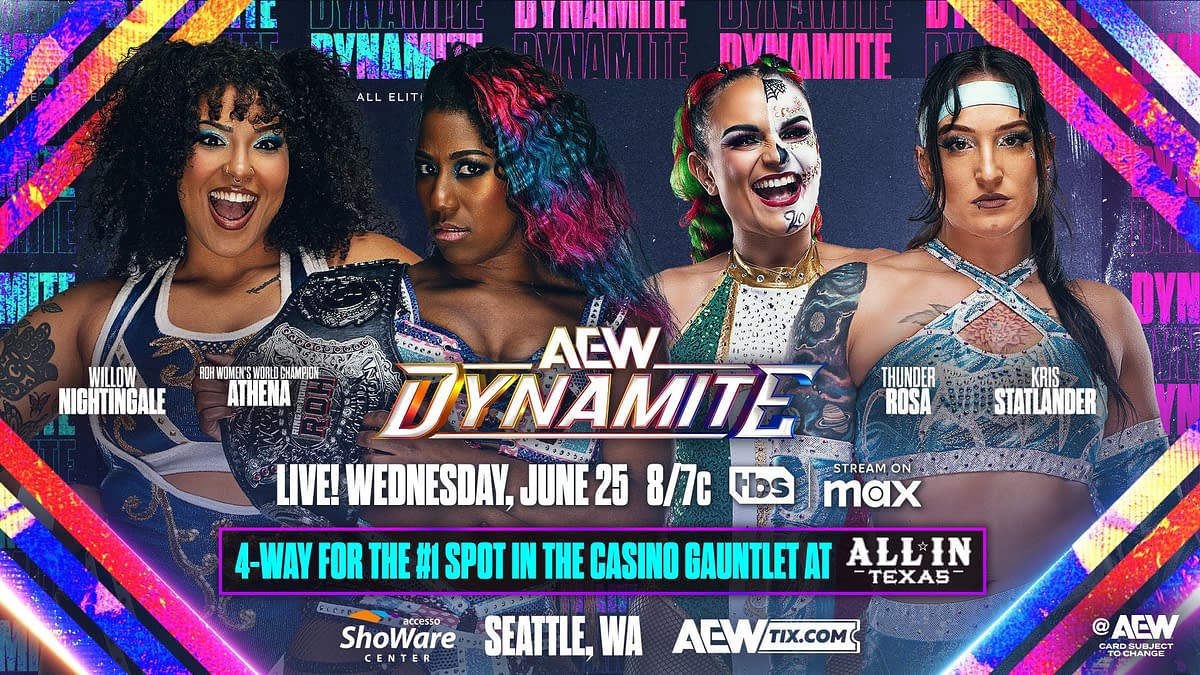 A promotional graphic for AEW Dynamite features four female wrestlers: Willow Nightingale, Athena (ROH Women's World Champion), Thunder Rosa, and Kris Statlander. The background includes colorful graphic elements with event details prominently displayed.