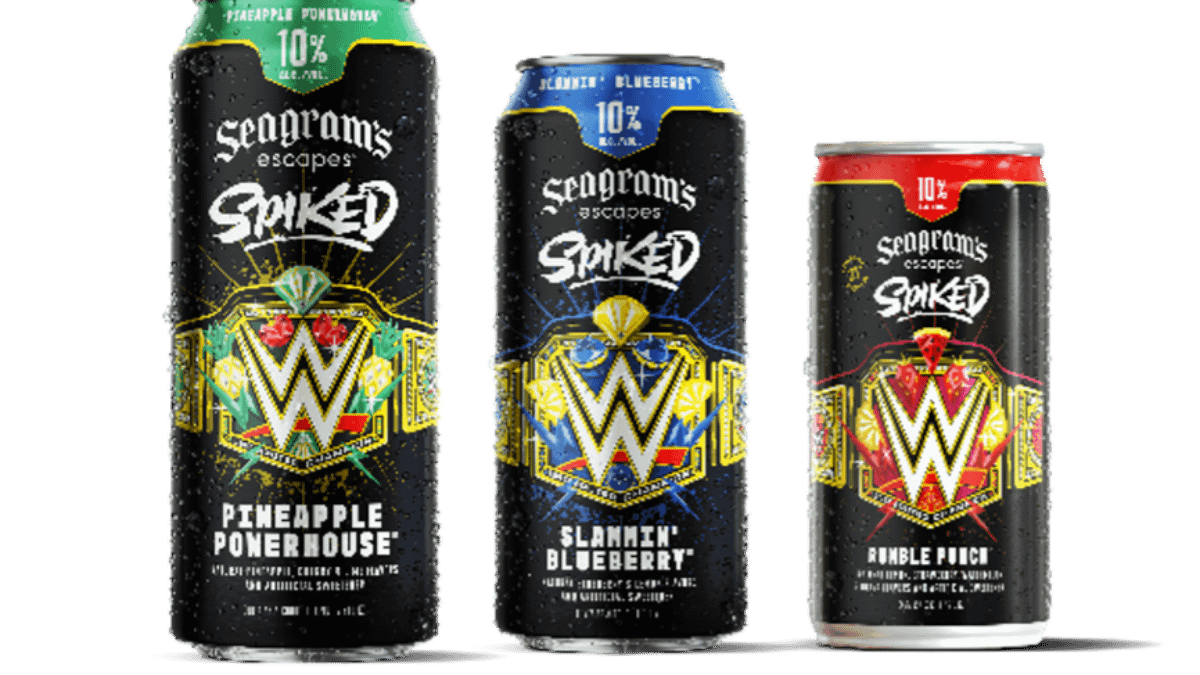 Three Seagram's Escapes Spiked beverage cans showcase distinct flavors: Pineapple Ponerhouse, Slammin' Blueberry, and Rumble Punch, each featuring colorful designs and the WWE logo. The cans are sweating with condensation, suggesting freshness.