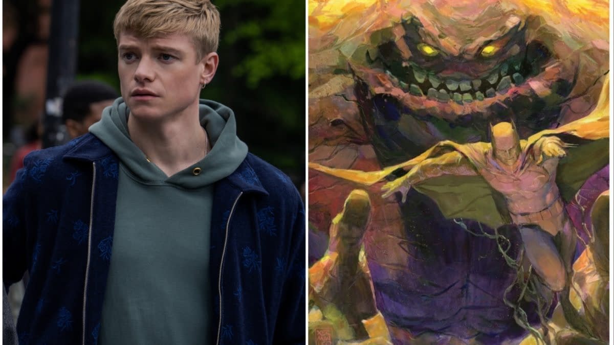 A digital illustration featuring Clayface, a DC Comics villain, emerging menacingly from a colorful background while Batman poses in the foreground, creating a dramatic contrast between the characters.