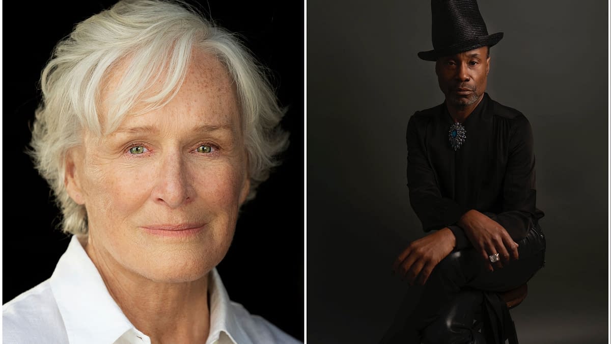 A split image features Glenn Close, a white woman with short, wavy gray hair and striking green eyes, wearing a white blouse, and Billy Porter, a Black man dressed in black with a large hat and a statement necklace, posing on a stool against a dark background.