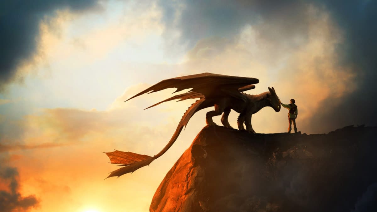A cartoon illustration depicting a young person gently reaching out to a large dragon on a rocky cliff, with a dramatic sunset in the background, capturing the theme of 'How to Train Your Dragon'.