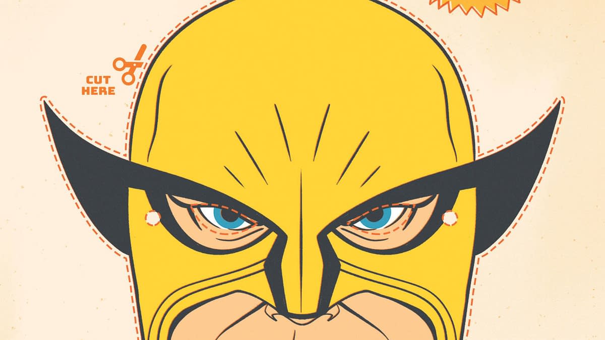 A cartoon illustration featuring a cut-out Wolverine mask from Marvel comics. The mask is predominantly yellow with prominent black ears and facial features, and includes instructions for cutting and assembling the mask.