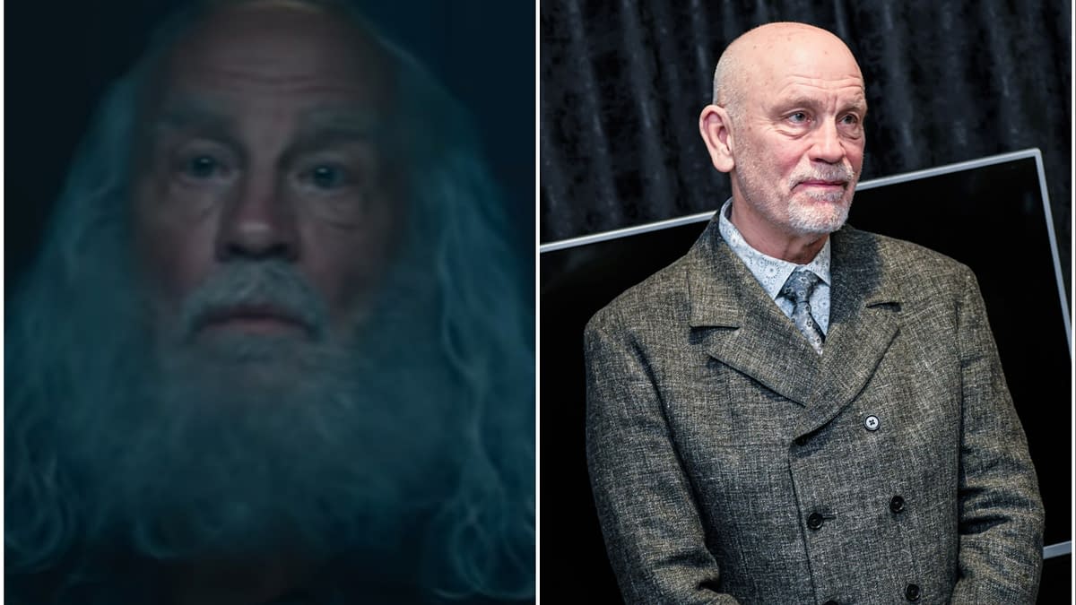 The image features John Malkovich, showcasing two contrasting appearances: one side presents him with long white hair and a beard, evoking an older, wise character, while the other side depicts him in a stylish gray coat, looking sharply dressed and engaged in a casual setting.