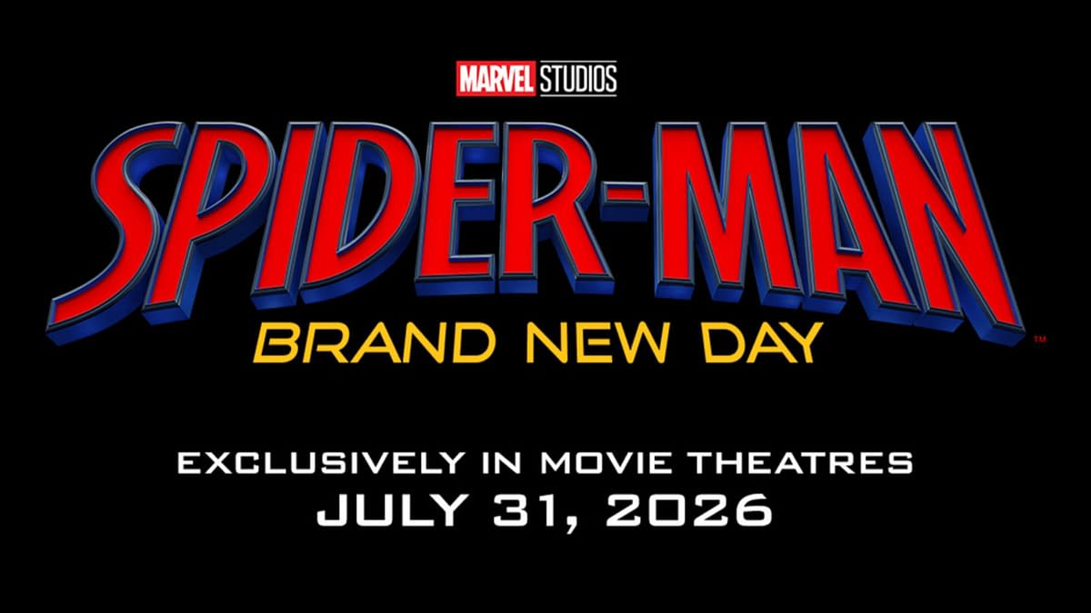 A promotional graphic featuring the title "SPIDER-MAN: BRAND NEW DAY" in bold red and yellow letters, with the "MARVEL STUDIOS" logo above it. The text notes that the film will be exclusively in movie theatres on July 31, 2026.