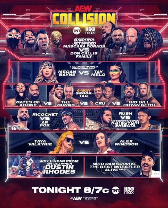 A promotional graphic for AEW Collision showcasing various wrestlers and matchups, including Bandido, Jetspeed, and Megan Bayne. The event is set to air on TNT, featuring a card of high-profile matches.
