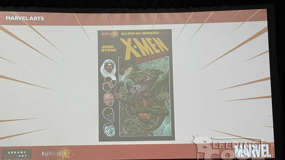 A colorful X-Men comic book cover illustrated by John Byrne, promoting X-Men: Elsewhen Vol. 1, in a slide from the Marvel Arts panel at San Diego Comic-Con.
