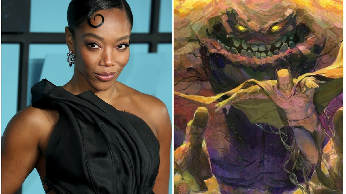 A split image featuring Naomi Ackie on the left, dressed elegantly in a dark outfit, and an illustration of the comic book character Clayface on the right, depicting a large, monstrous figure with glowing eyes and a grim expression, while Batman is seen in action in the foreground.