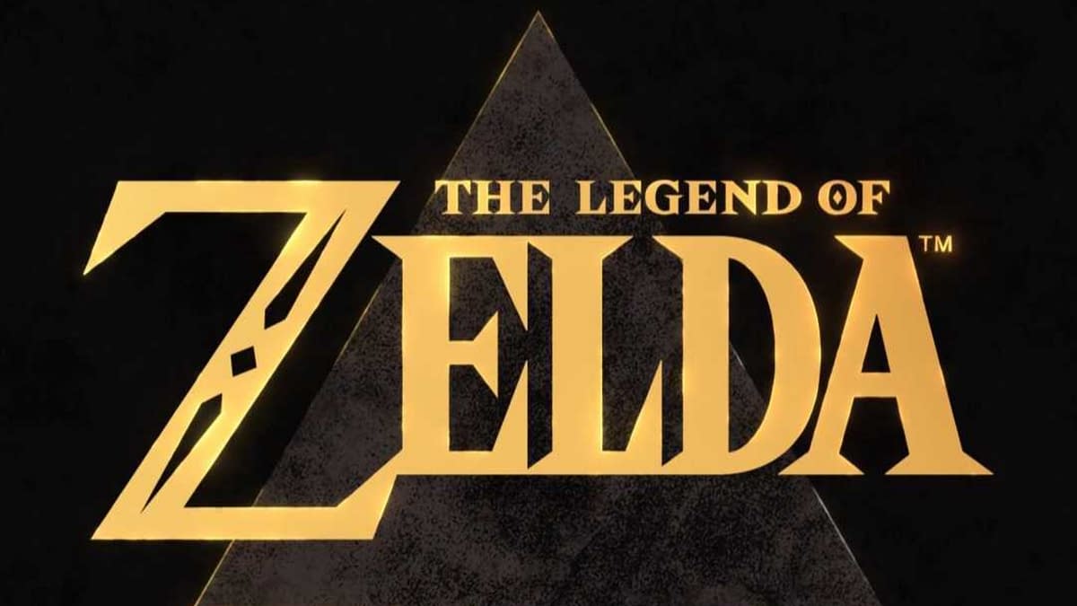 Logo for 'The Legend of Zelda' featuring bold, golden letters against a dark background, with a triangular symbol integrated into the design.