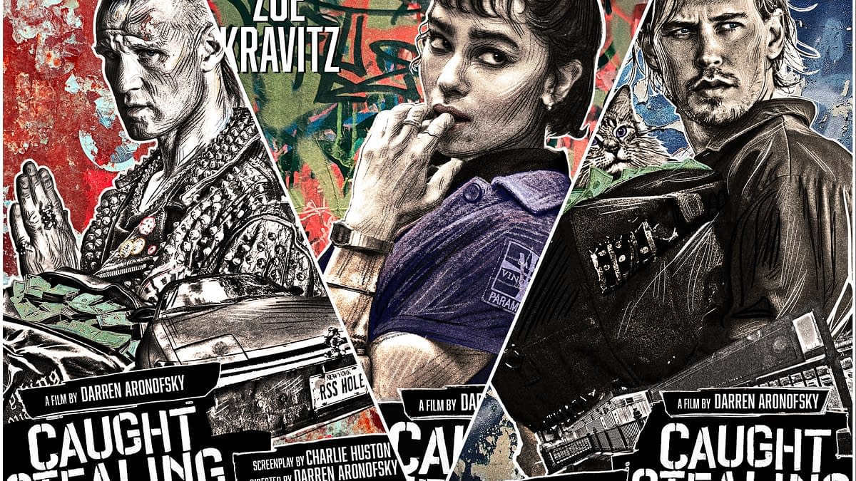 Three stylized character posters for the film 'Caught Stealing' featuring a punk character with a mohawk, a woman in a blue uniform chewing her fingernails, and a man with a fierce expression holding a bag, set against vibrant graffiti backgrounds.