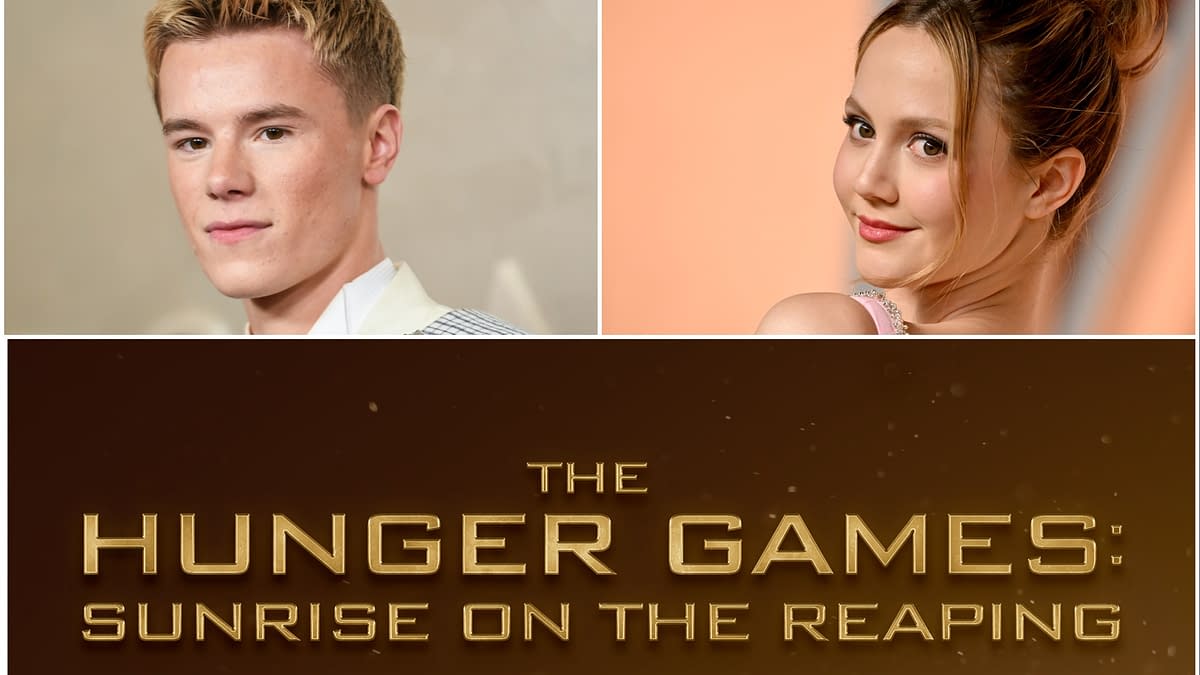 A promotional image featuring two young actors, with one on the left and the other on the right, both smiling. Below them is the title, "THE HUNGER GAMES: SUNRISE ON THE REAPING," in bold gold letters against a dark background.