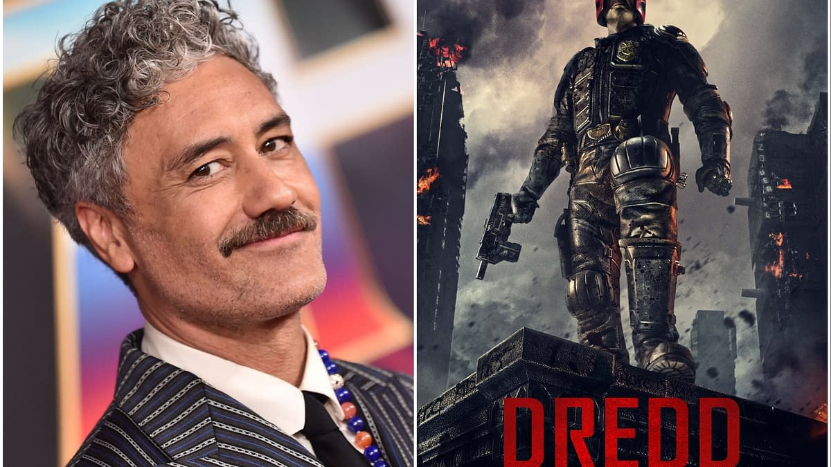 A side-by-side collage featuring Taika Waititi, noted for his curly hair and stylish attire, next to a dramatic depiction of the character Judge Dredd, wearing a helmet and armor, holding a gun in a dystopian setting. The word 'DREDD' is prominently displayed at the bottom of the image.
