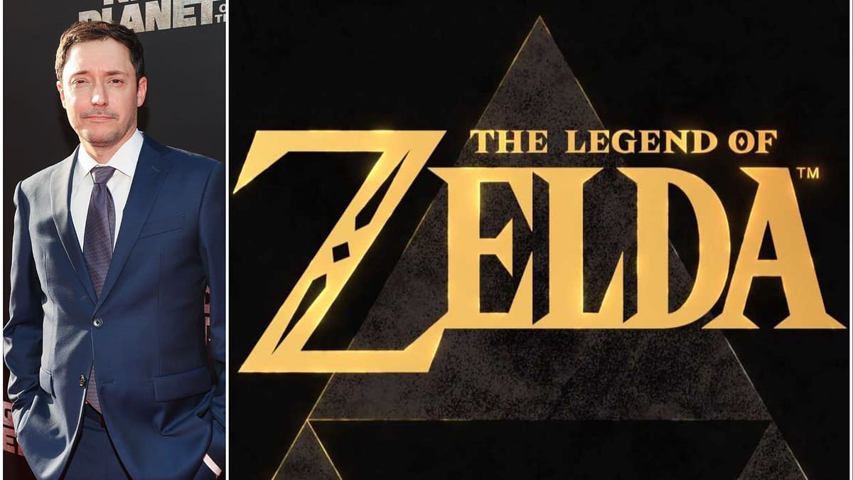 A man in a suit stands on the left side, while the right features the logo of 'The Legend of Zelda' in bold gold letters over a black background, accompanied by a triangular design.