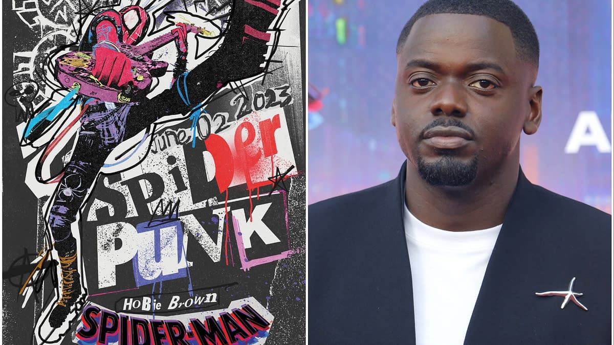 A colorful illustration featuring the character Spider-Punk, depicted as a punk rock teenager playing a guitar. The image also includes a close-up of actor Daniel Kaluuya at an event related to 'Spider-Man: Across the Spider-Verse'.